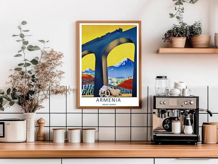 A premium fine art print capturing a historic train crossing a high viaduct bridge with Mount Ararat rising majestically in the distance, available as a canvas print or within timeless white frames.