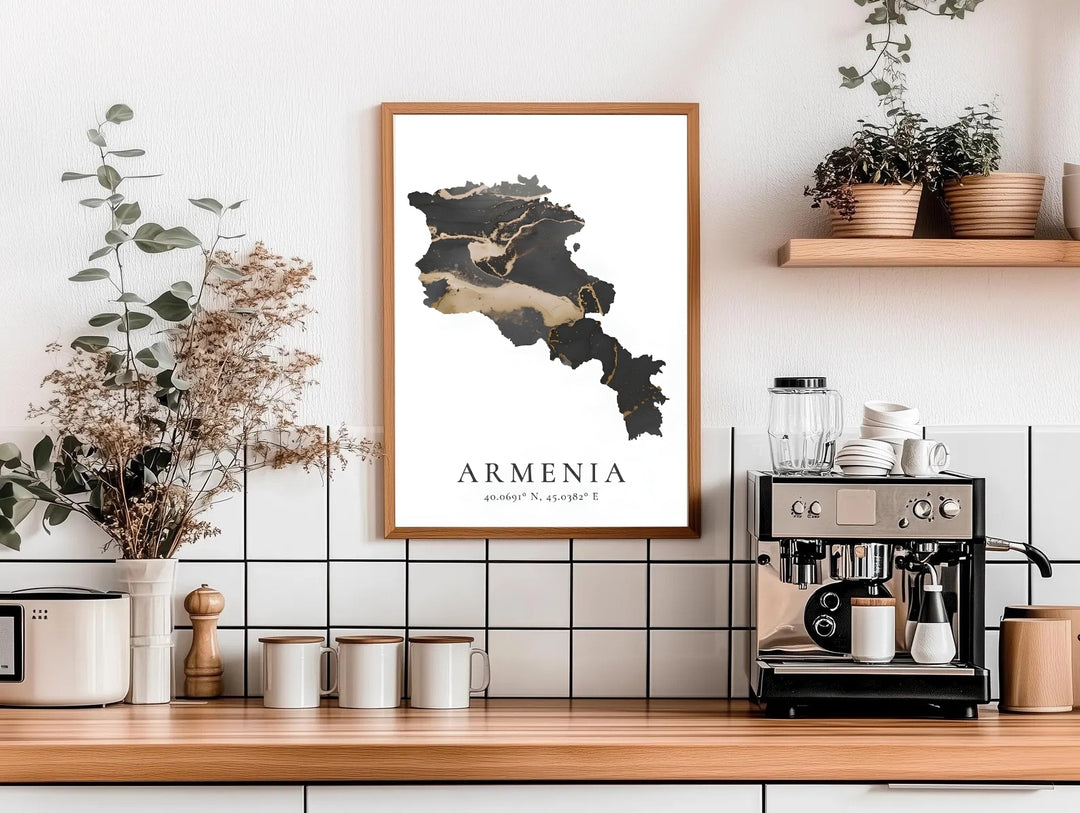 Graphic design travel poster featuring a sleek, high-contrast black and gold ink silhouette of an Armenia map, perfectly styled inside an elegant white frame for an elegant touch of home wall decor.