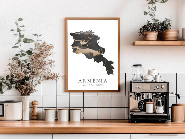 Graphic design travel poster featuring a sleek, high-contrast black and gold ink silhouette of an Armenia map, perfectly styled inside an elegant white frame for an elegant touch of home wall decor.