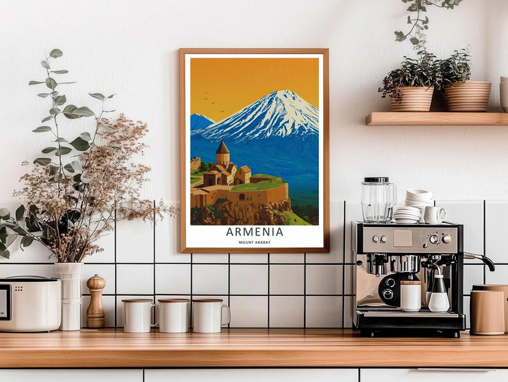 Modern retro rendering of the iconic Khor Virap Monastery leading up to the giant snowline of Mount Ararat, acting as stunning wall decor available in sleek grey frames or standalone prints.