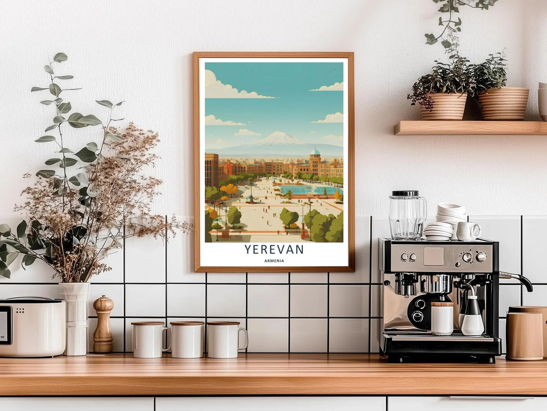 Softly colored graphic illustration highlighting the striking contrast between a teal background sky, a white Mount Ararat, and the pink streets of Yerevan, making it excellent for office decor.