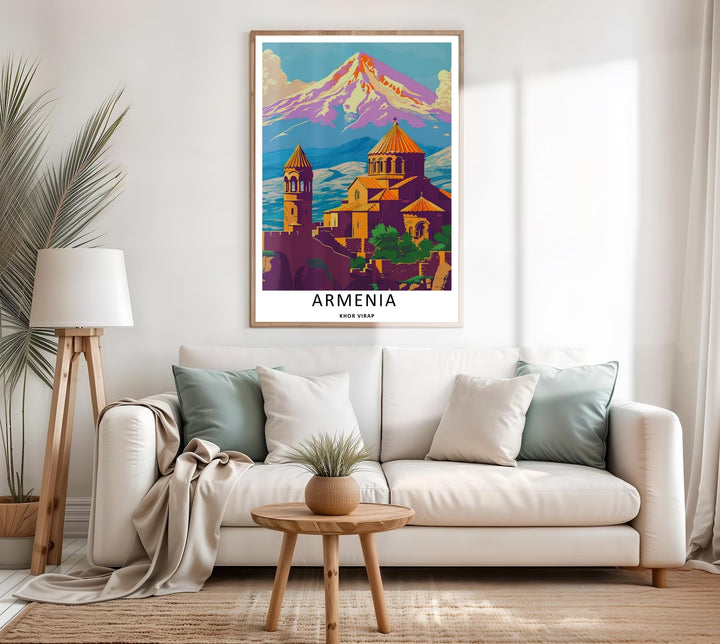 Colorful pop-art inspired wall decor featuring the historic church profiles of Khor Virap alongside Mount Ararat, perfect as an unframed print or displayed in modern white frames.
