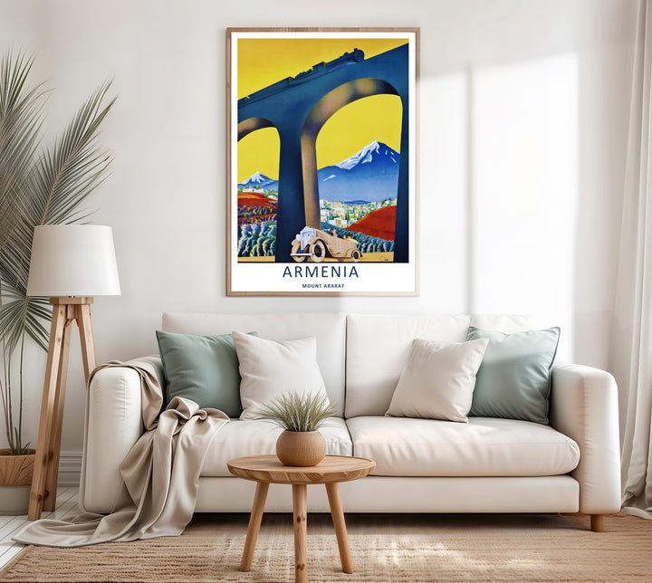 Saturated graphic artwork highlighting the striking contrast between a bright yellow background sky, a blue Mount Ararat mountain, and a massive concrete archway, making this an excellent choice for office decor.