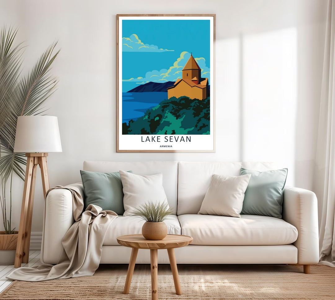 Clean architectural and lake illustration focusing on the stone churches of Sevanavank Monastery at Lake Sevan, creating a gorgeous display ideal for entryway wall decor.