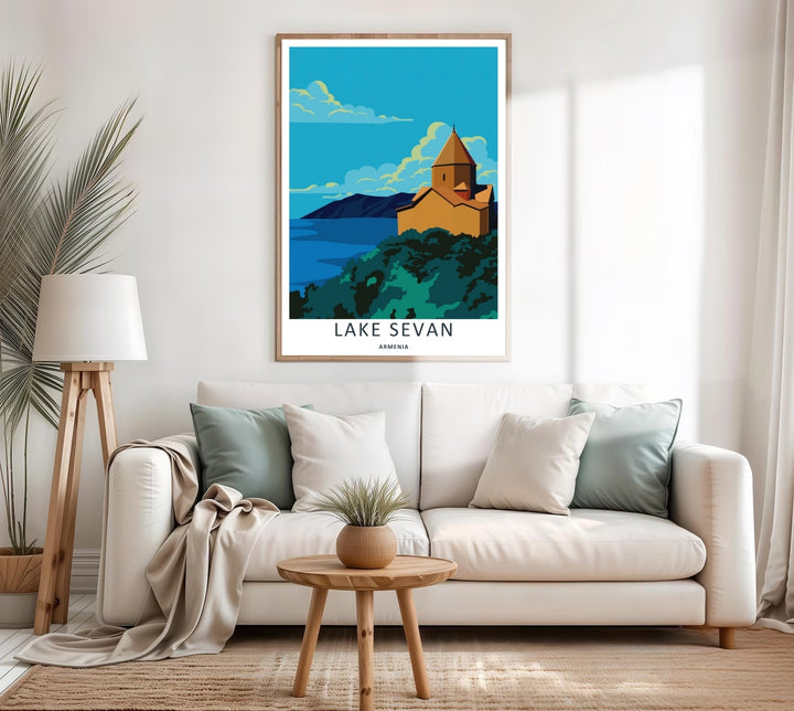 Clean architectural and lake illustration focusing on the stone churches of Sevanavank Monastery at Lake Sevan, creating a gorgeous display ideal for entryway wall decor.