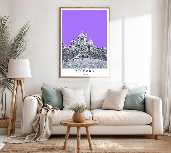 MapYourDreams urban travel display showcasing a highly detailed architectural rendering of Saint Gregory the Illuminator Cathedral, customizable as a textured canvas print or a retro black framed piece.