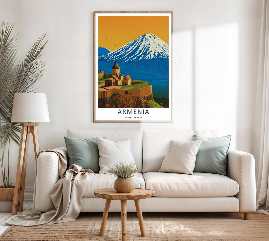 Clean architectural and mountain illustration focusing on the stone chapel of Khor Virap Monastery beneath Mount Ararat, creating a gorgeous display ideal for an entryway gallery wall.