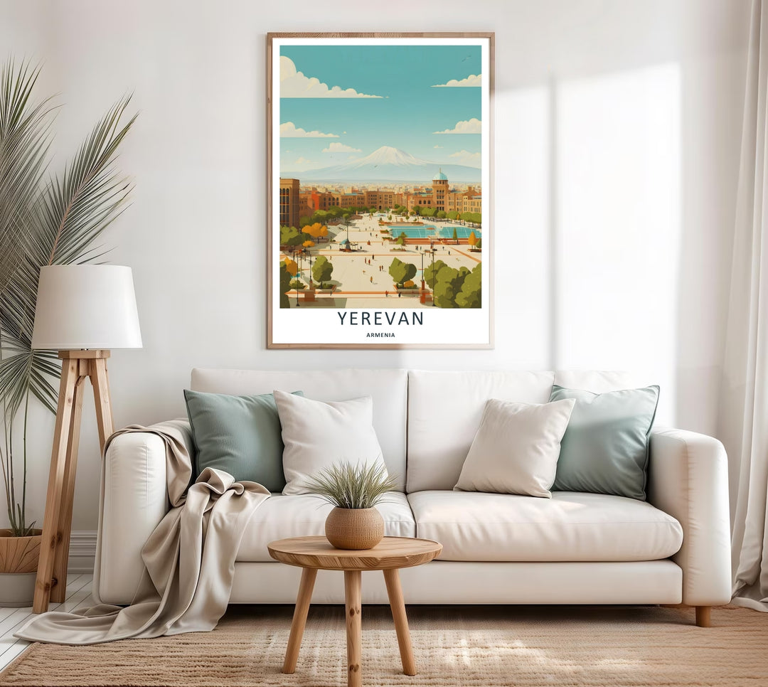 A premium fine art poster capturing the grand neoclassical symmetry of Republic Square with Mount Ararat rising majestically behind it, available as a canvas print or within white frames.