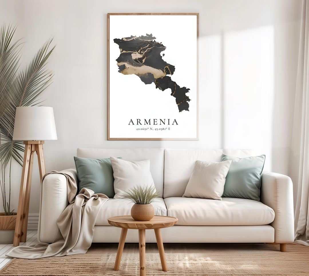 Fine art illustration of an abstract Armenia map filled with metallic gold and deep charcoal watercolor effects, serving as a gorgeous piece of wall art available in multi-color framed formats.