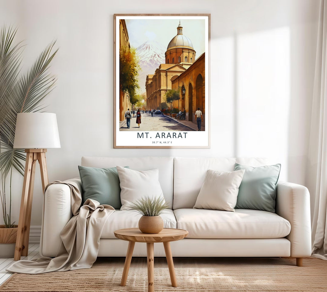 Clean architectural illustration focusing on a grand domed building with the majestic silhouette of Mt. Ararat in the background, creating a gorgeous display ideal for hallway wall decor.