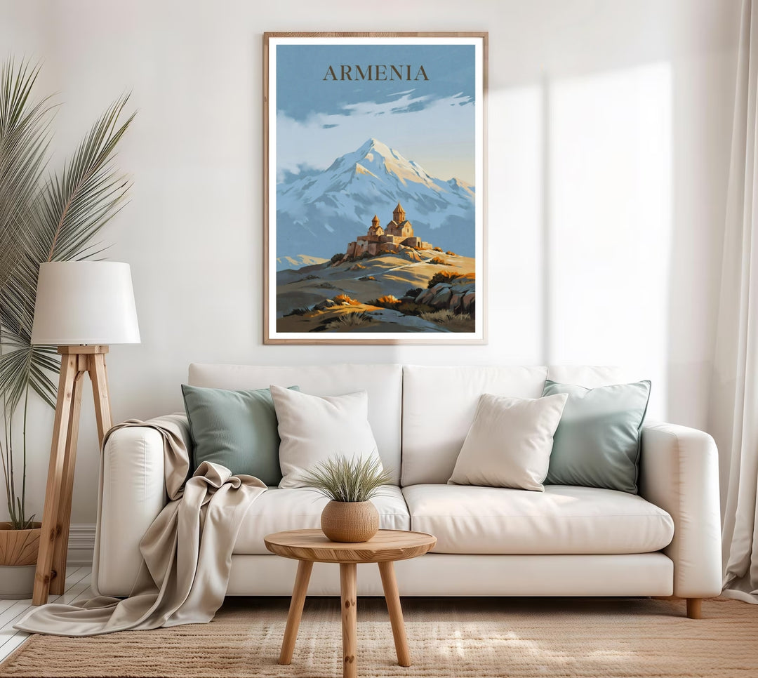 MapYourDreams geographic art display showcasing a softly detailed painting of Khor Virap Monastery overlooking the valley below Mount Ararat, customizable as a textured canvas print or a retro black framed piece.