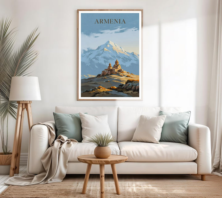 MapYourDreams geographic art display showcasing a softly detailed painting of Khor Virap Monastery overlooking the valley below Mount Ararat, customizable as a textured canvas print or a retro black framed piece.