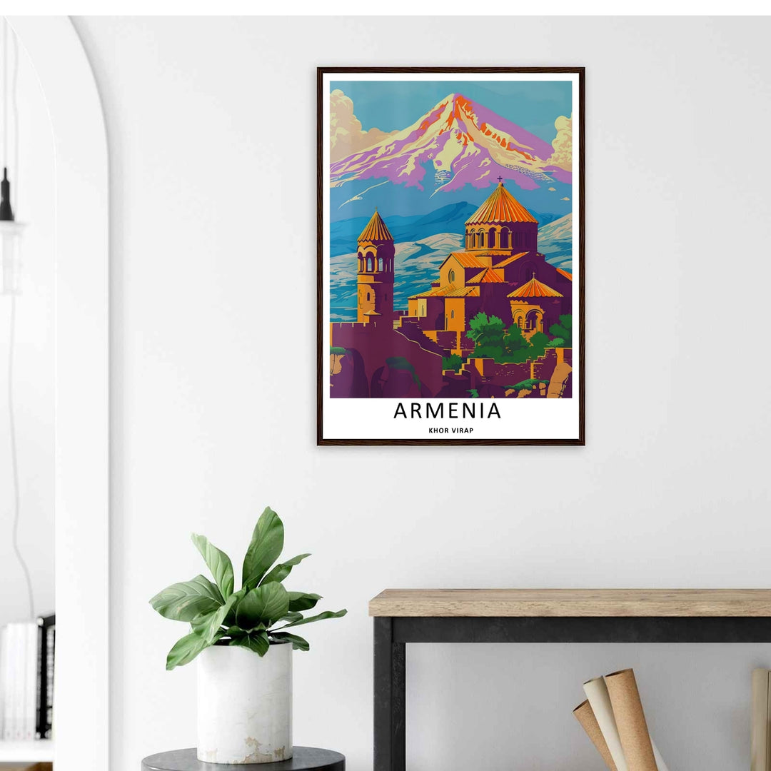 Bold, sunlit vector illustration of Khor Virap monastery facing the snowy slopes of Mount Ararat, creating an eye-catching travel poster print ideal for hallway wall decor.