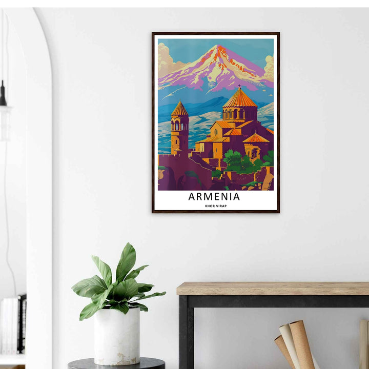 Bold, sunlit vector illustration of Khor Virap monastery facing the snowy slopes of Mount Ararat, creating an eye-catching travel poster print ideal for hallway wall decor.