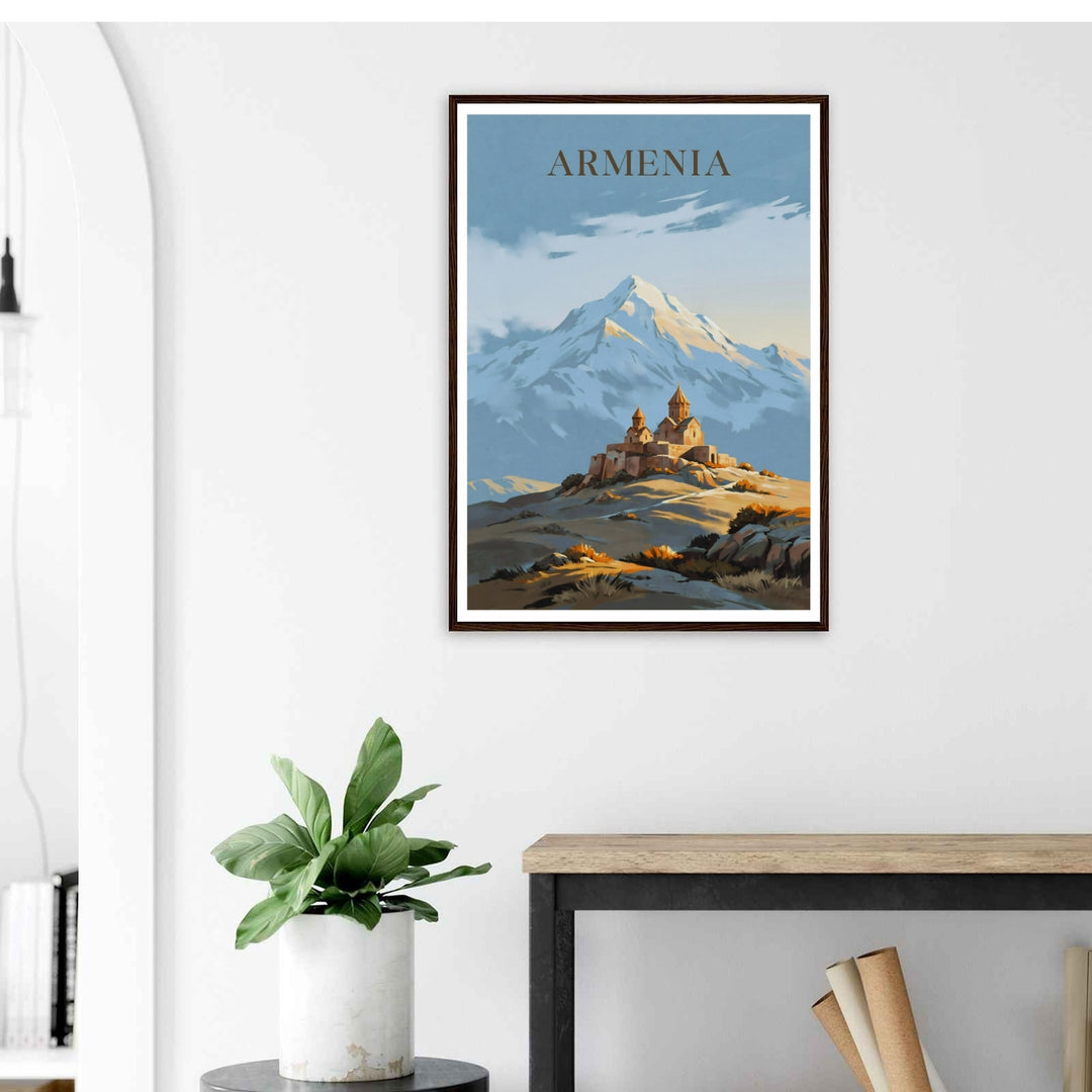 Minimalistic yet detailed artistic landscape depicting the landmark site of Khor Virap Monastery below a soft, cloud-swept Mount Ararat, offered as a canvas print or styled inside an elegant retro white frame.