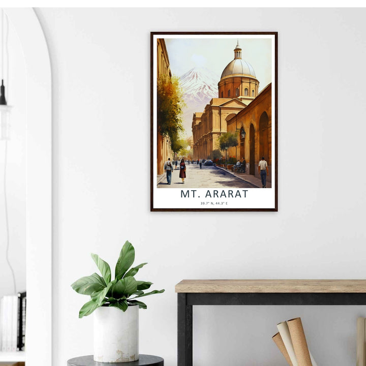 Fine art poster print honoring Armenian heritage with a vivid street view of Yerevan and the towering summit of Mt. Ararat, supplied by MapYourDreams in a canvas layout or premium silver frames.