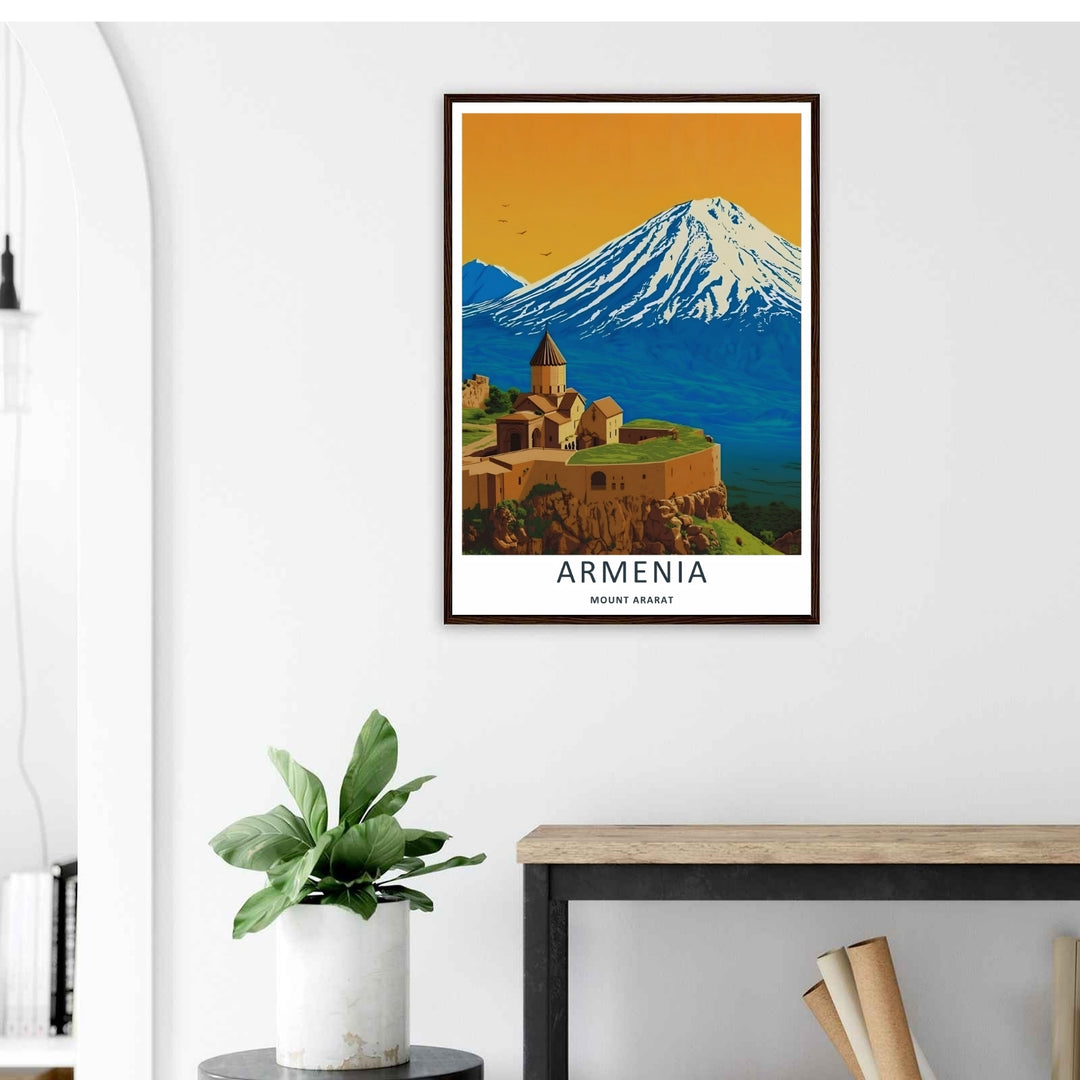 Fine art print honoring Armenian roots with a vivid overview of Khor Virap Monastery and the towering summit of Mount Ararat, supplied by MapYourDreams in a canvas layout or premium silver frames.