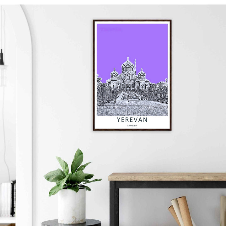 Vibrant pop-art city print celebrating Armenian capital geography with a unique view of Saint Gregory the Illuminator Cathedral, displayed on a living room wall as a natural wood framed poster.