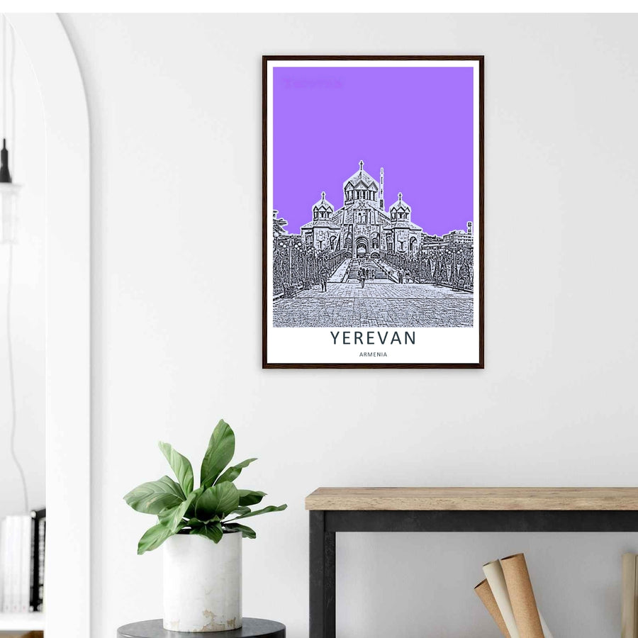 Vibrant pop-art city print celebrating Armenian capital geography with a unique view of Saint Gregory the Illuminator Cathedral, displayed on a living room wall as a natural wood framed poster.