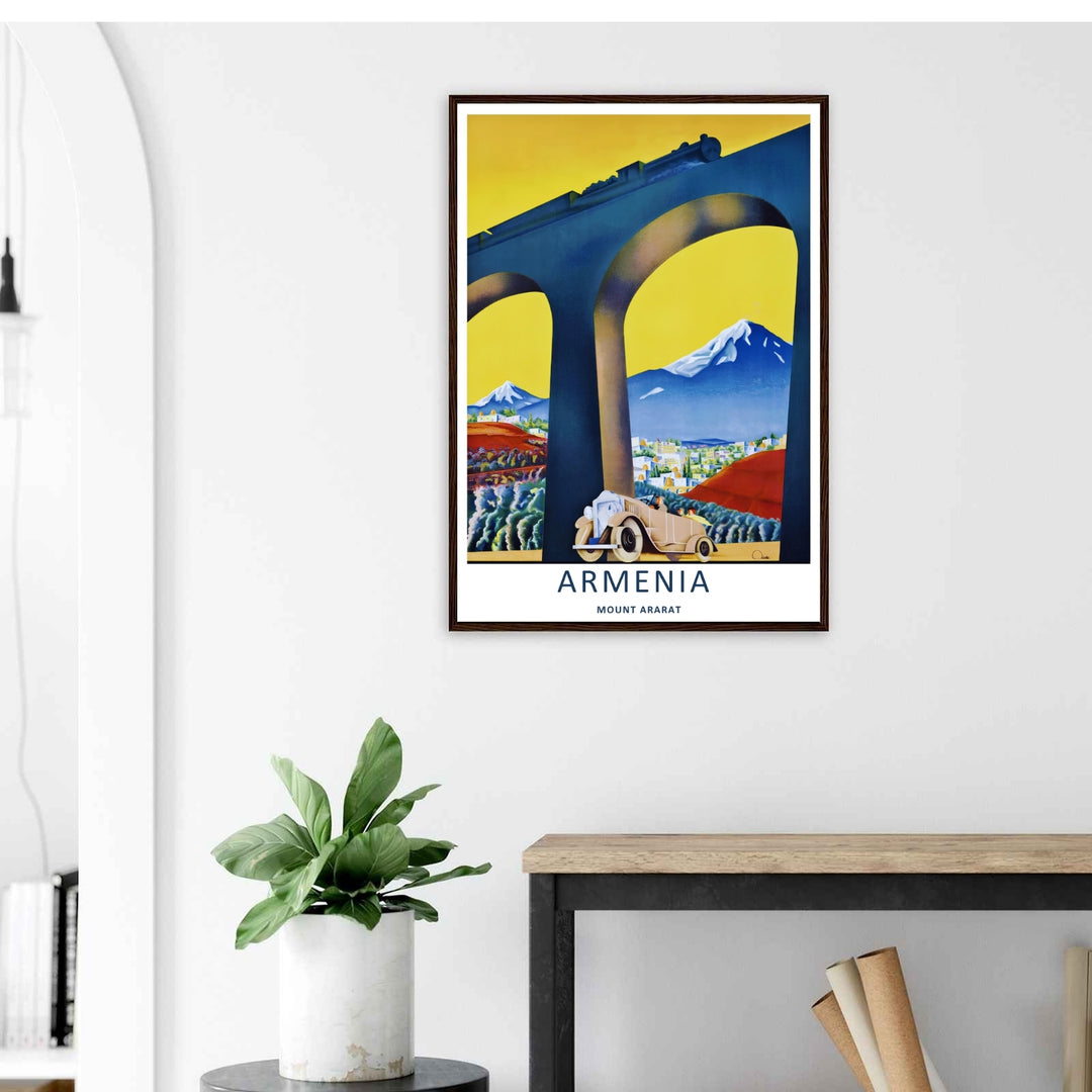 Richly colored transportation wall decor showing a dramatic valley view of Mount Ararat over a classic open-top car and a train viaduct, presented inside a striking black frame for living room display.