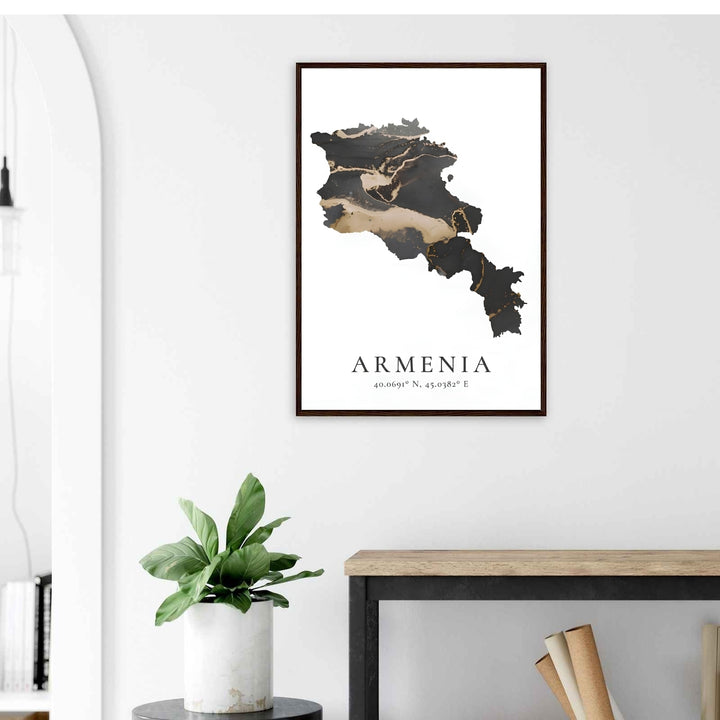 An artistic rendering of an Armenia map outline filled with premium metallic gold accents and smooth black fluid paint, offered by MapYourDreams as an un-matted unframed poster print.