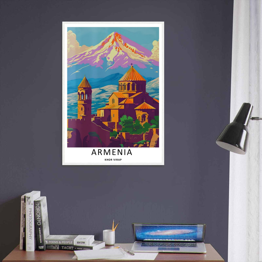 An illustrative travel poster capturing Khor Virap in bold purple and orange shades with a snow-capped Mount Ararat, perfect as an unframed print for custom matting and framing options.