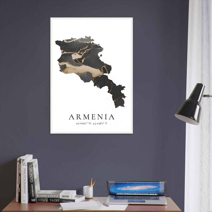 Modern luxury wall art showcasing an abstract black and gold marble pattern inside an Armenia map silhouette, presented beautifully inside a sleek black frame to instantly elevate your wall decor.