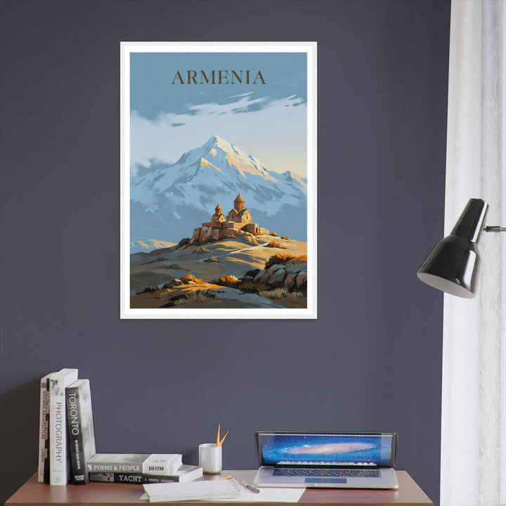 Beautiful impressionistic wall art depicting the historic Khor Virap Monastery in Armenia with soft golden sunlight illuminating the hills below the towering, icy summit of Mount Ararat on canvas.