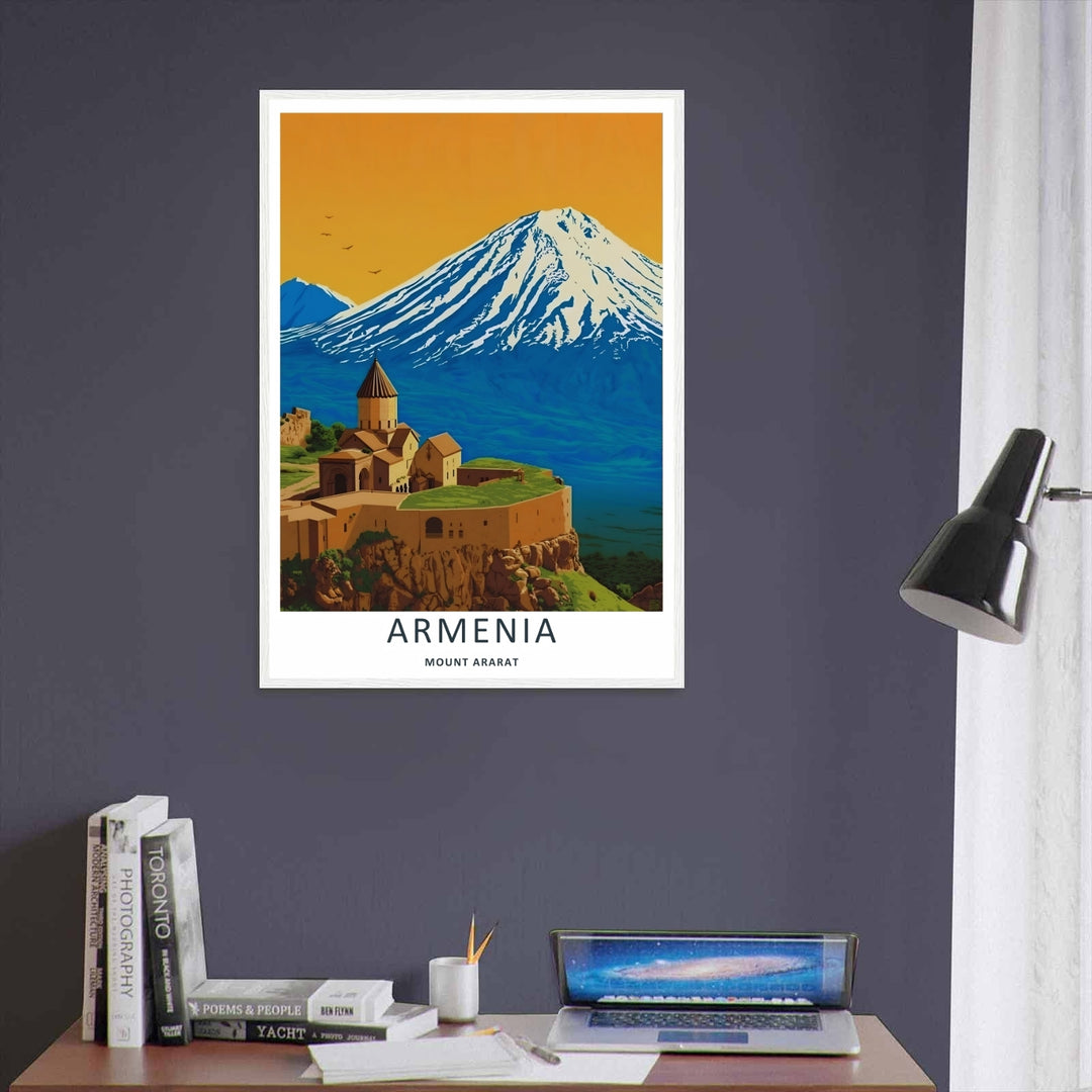 Richly colored cultural wall decor showing a dramatic mountain view of Mount Ararat over the stone towers of Khor Virap Monastery, presented inside a striking black frame for living room display.