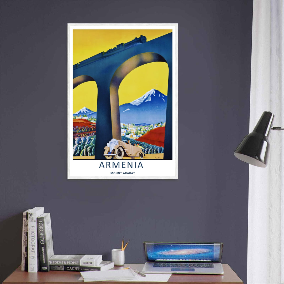 Radiant vector print showcasing sharp blue mountain shades and a warm-colored valley landscape set against a yellow sky background, perfect as a framed graphic print for luxury home styling.