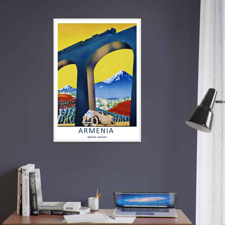 Radiant vector print showcasing sharp blue mountain shades and a warm-colored valley landscape set against a yellow sky background, perfect as a framed graphic print for luxury home styling.