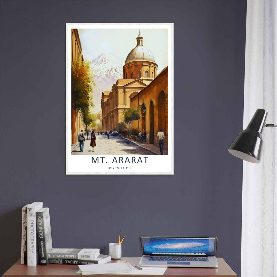 Warm ochre and terracotta illustration of European-style buildings under the massive snow-capped peak of Mt. Ararat, perfect as an un-matted unframed print for custom framing options.