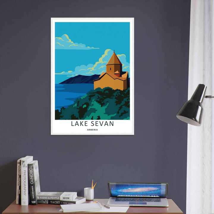 Crisp modern illustration of the ancient Sevanavank Monastery atop the Lake Sevan peninsula under a blue sky, perfect as an un-matted standalone print for custom framing options.