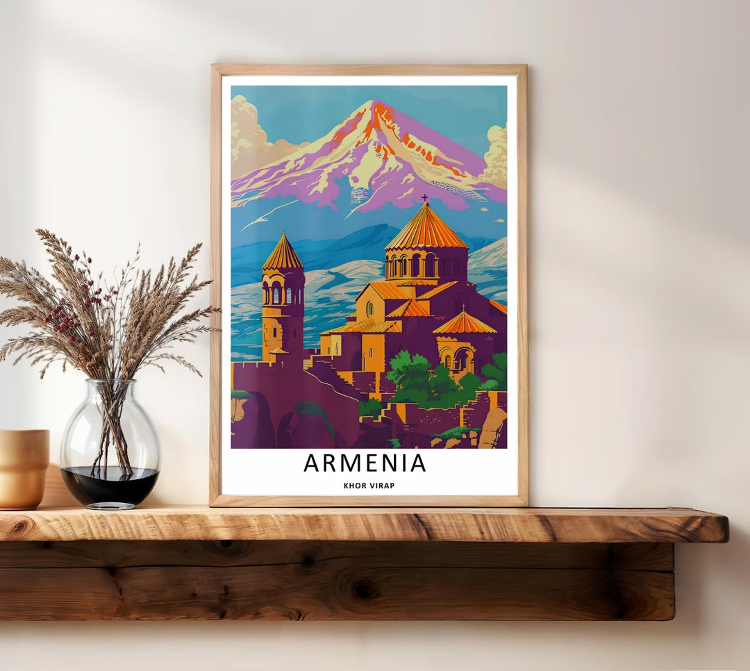 Fine art print celebrating Armenian heritage with a vivid view of Khor Virap and a majestic Mount Ararat, supplied by MapYourDreams in a canvas layout or premium bronze frames.
