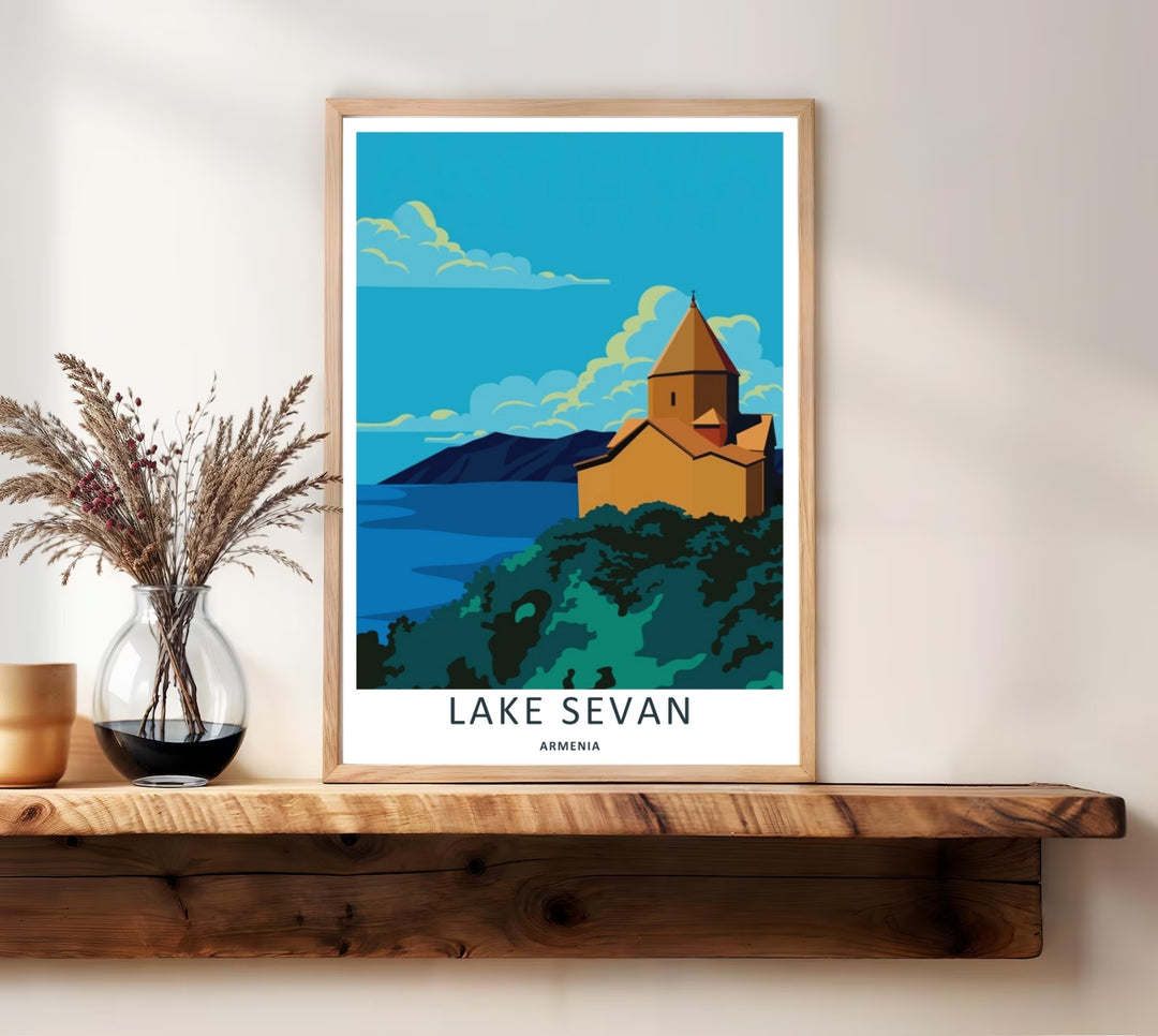 A high-quality fine art print capturing the geometric beauty of Sevanavank Monastery on the shores of Lake Sevan, available as a canvas print or within timeless white frames.