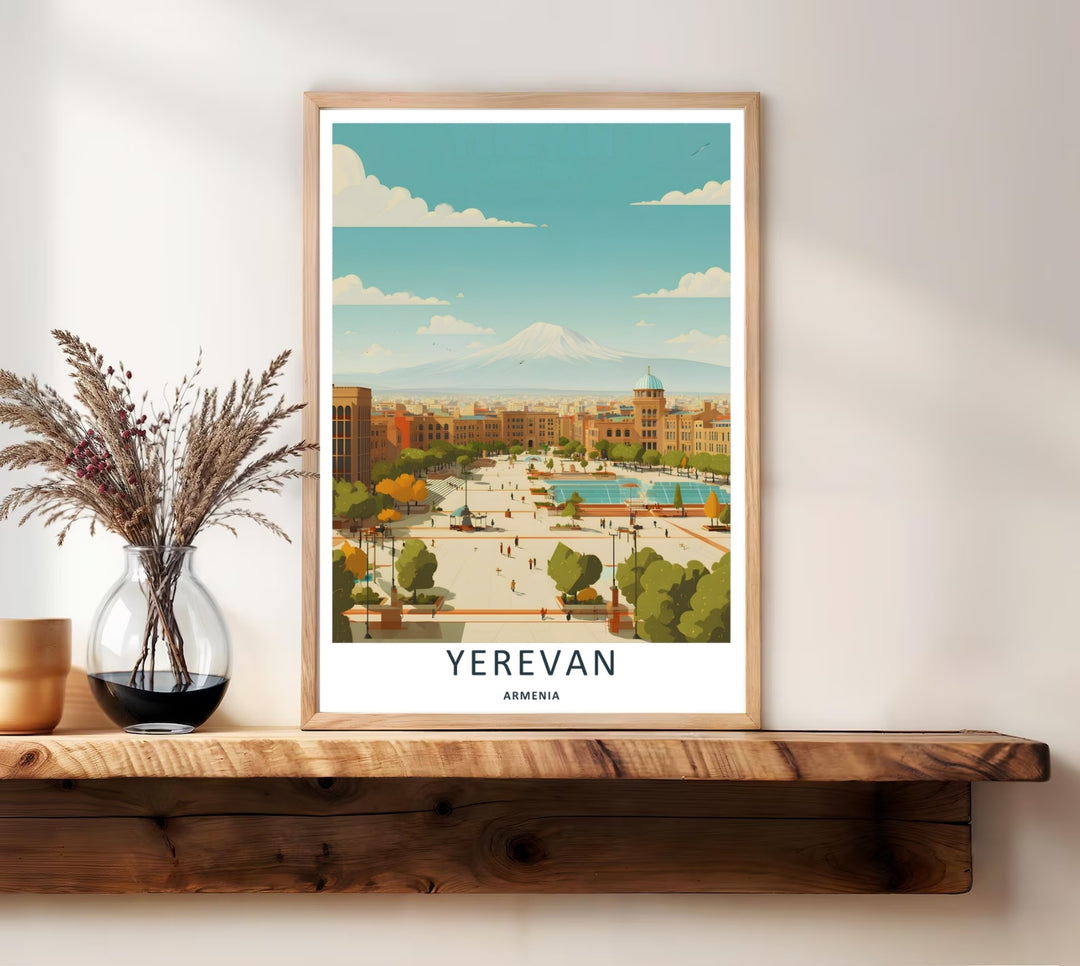 Calming warm-toned art print celebrating Armenian urban geography with a scenic perspective of Yerevan Republic Square facing Mount Ararat, displayed on a wall as a natural wood frame.