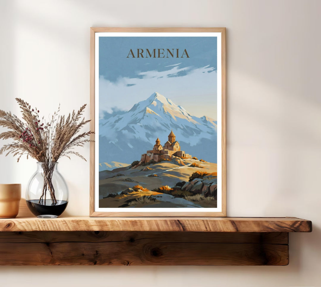 High-quality mountain landscape artwork showing the timeless panoramic view of Mount Ararat over the stone fortress of Khor Virap Monastery, presented inside a striking black frame for living room decor.