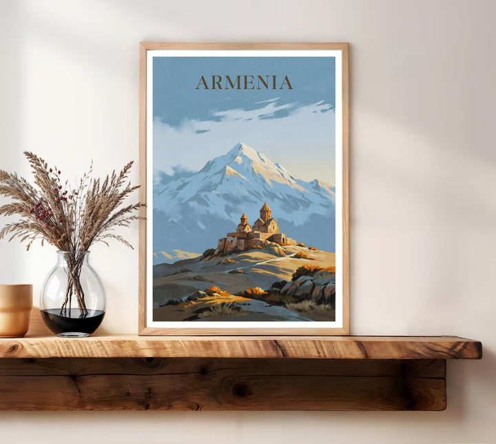 High-quality mountain landscape artwork showing the timeless panoramic view of Mount Ararat over the stone fortress of Khor Virap Monastery, presented inside a striking black frame for living room decor.