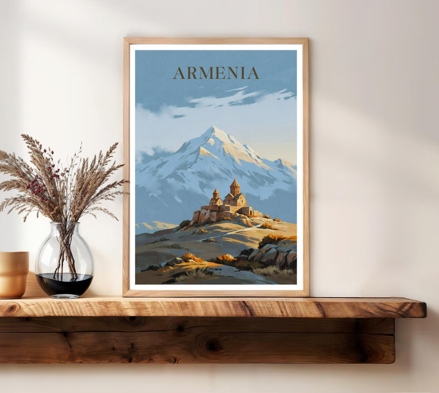 High-quality mountain landscape artwork showing the timeless panoramic view of Mount Ararat over the stone fortress of Khor Virap Monastery, presented inside a striking black frame for living room decor.