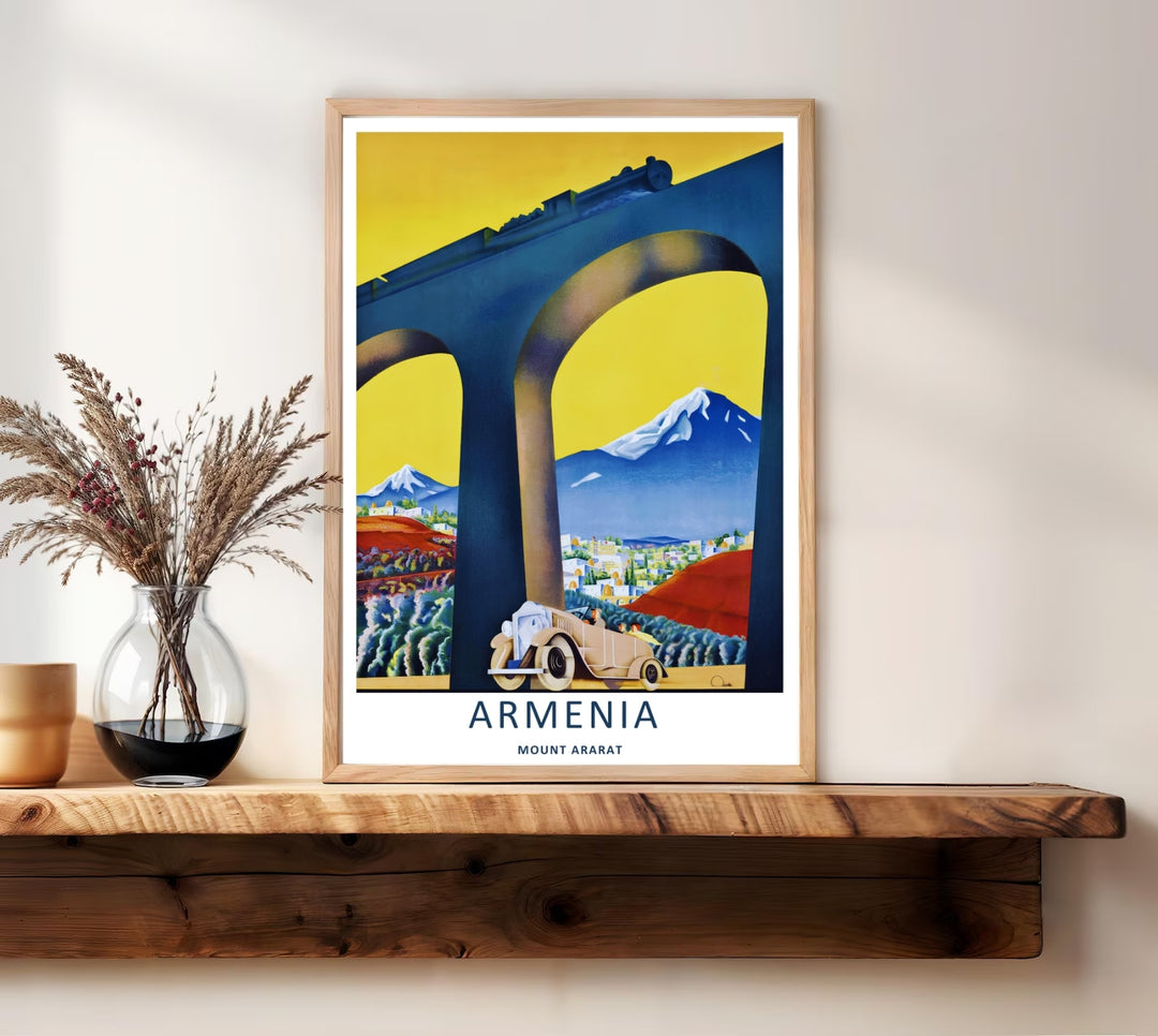 Fine art print honoring Armenian history with a vivid overview of early twentieth-century transit lines and the towering summit of Mount Ararat, supplied by MapYourDreams in a canvas layout or silver frames.
