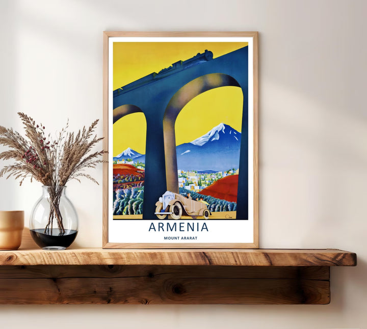 Fine art print honoring Armenian history with a vivid overview of early twentieth-century transit lines and the towering summit of Mount Ararat, supplied by MapYourDreams in a canvas layout or silver frames.