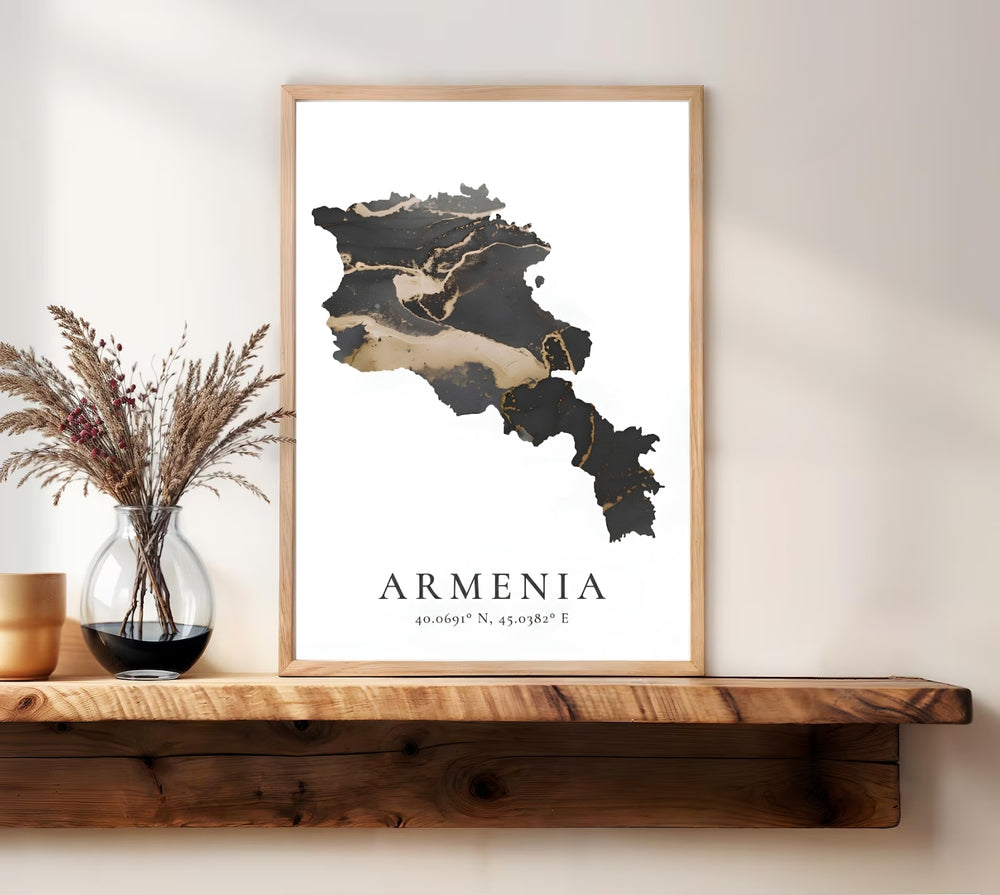 Beautiful abstract geography print depicting an artistic Armenia map filled with metallic gold marble swirls and deep black liquid onyx hues, available as a ready-to-hang stretched canvas print.