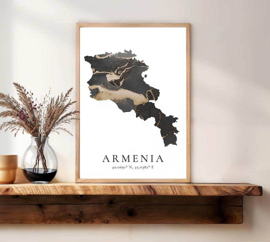 Beautiful abstract geography print depicting an artistic Armenia map filled with metallic gold marble swirls and deep black liquid onyx hues, available as a ready-to-hang stretched canvas print.