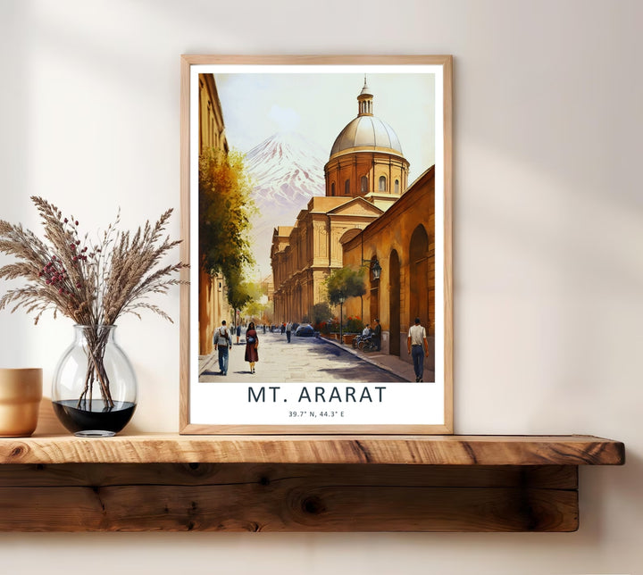 Beautiful painterly wall art depicting a sunlit classical avenue in Armenia with pedestrians walking toward a distant Mt. Ararat, available as a ready-to-hang gallery wrapped canvas print for home decor.