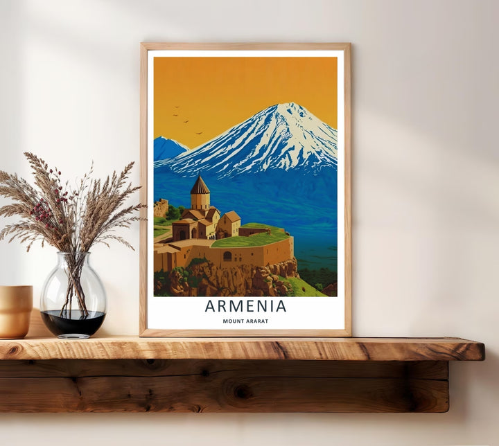 Retro vector illustration of Khor Virap Monastery at the foot of the snow-capped Mount Ararat peak under a golden horizon, perfect as an un-matted standalone print for custom frame sizing.
