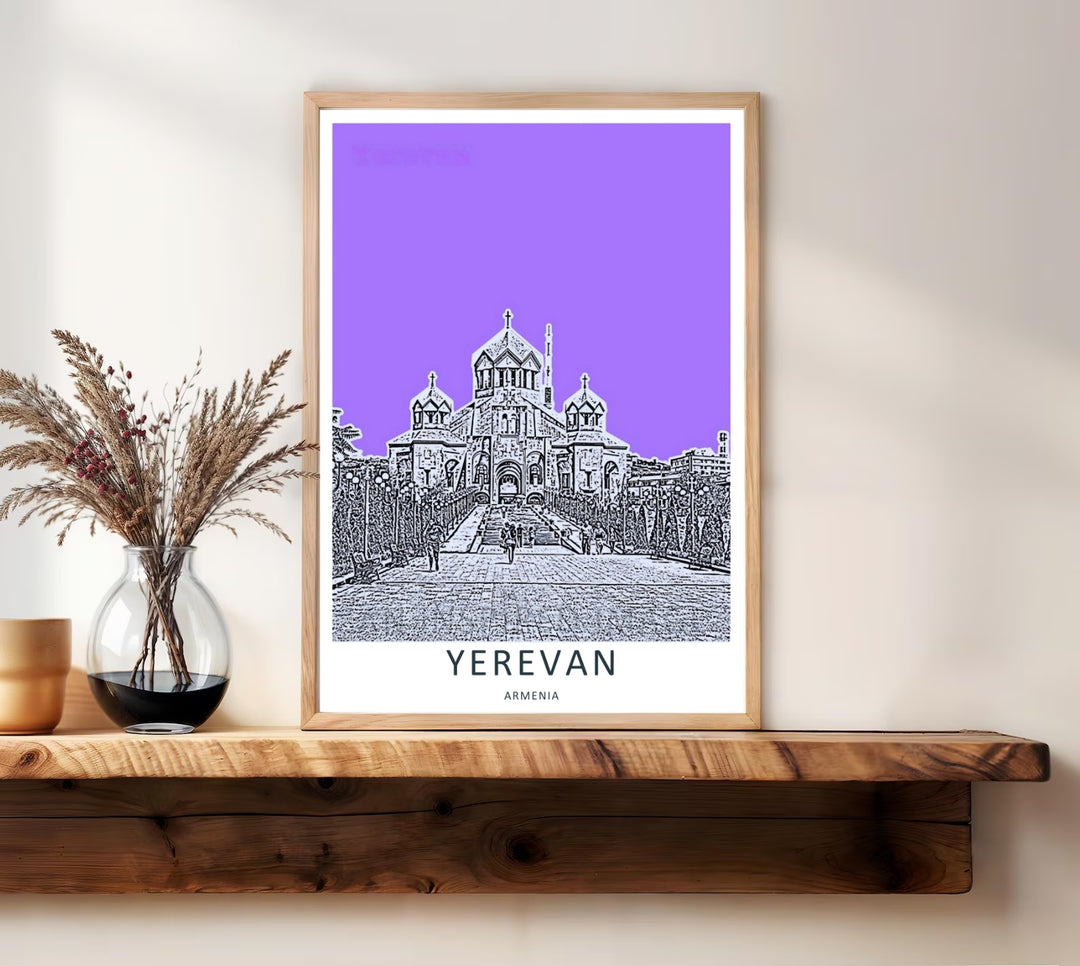 An evocative city street illustration of Saint Gregory the Illuminator Cathedral in Yerevan featuring deep black ink lines and purple color blocks, available as a canvas print or a premium bronze frame.