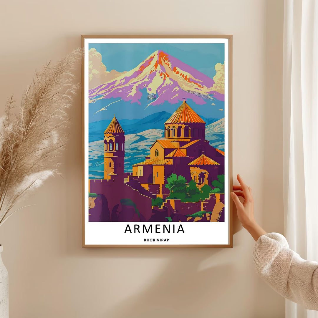 Stylized vector art print highlighting the historical Khor Virap monastery at the base of Mount Ararat, available as a ready-to-hang gallery wrapped canvas print for vibrant travel decor.