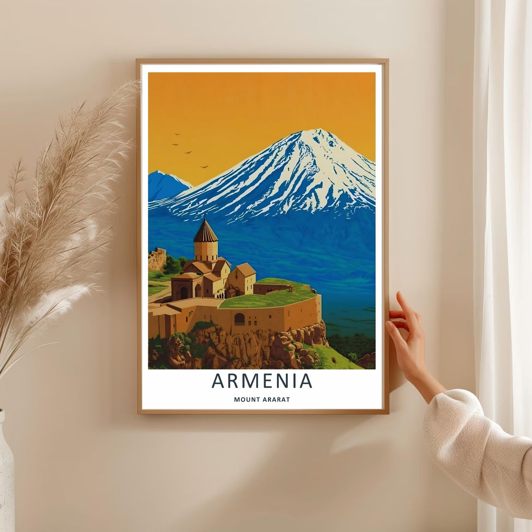 High-contrast landscape artwork depicting the ancient walls of Khor Virap Monastery in Armenia set against the cobalt blue slopes of Mount Ararat, available as a ready-to-hang gallery wrapped canvas.