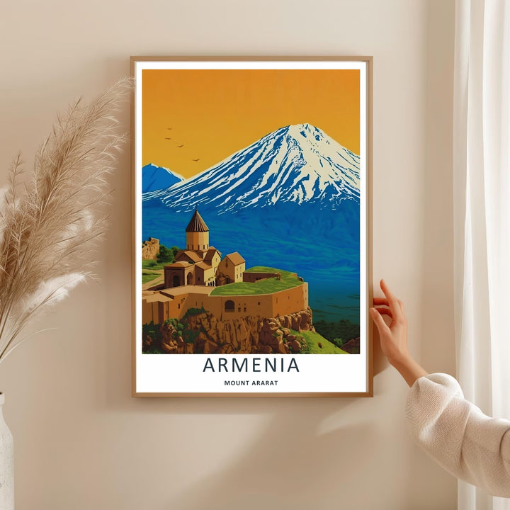 High-contrast landscape artwork depicting the ancient walls of Khor Virap Monastery in Armenia set against the cobalt blue slopes of Mount Ararat, available as a ready-to-hang gallery wrapped canvas.