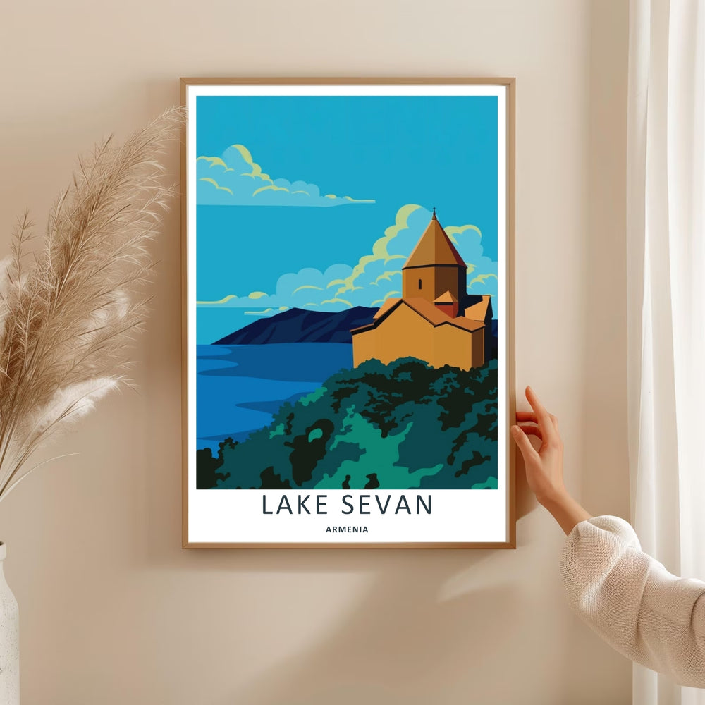 Beautiful high-contrast landscape art print depicting the deep azure waters of Lake Sevan in Armenia with a geometric ochre monastery building, available as a ready-to-hang gallery wrapped canvas print.